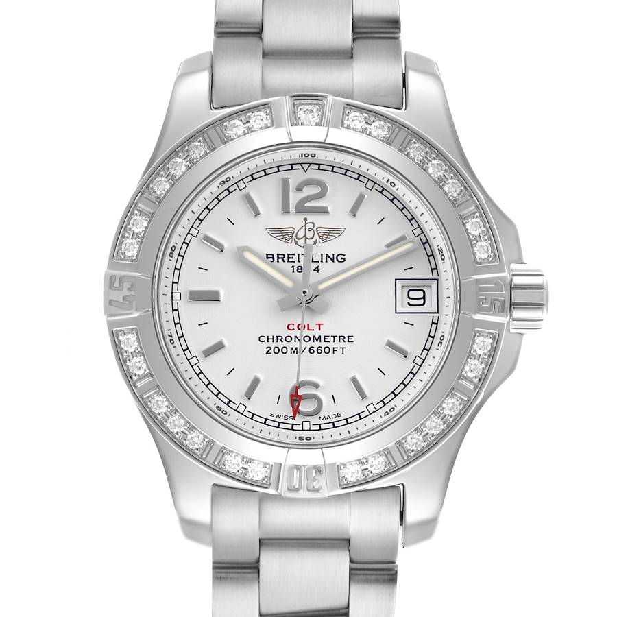 The image shows a frontal view of the Breitling A77388 Women's Stainless Steel Silver Dial A77388 Women's Stainless Steel Silver Dial Colt Lady Silver Dial Diamond Bezel Steel Ladies Watch A77388, highlighting its bezel and dial.