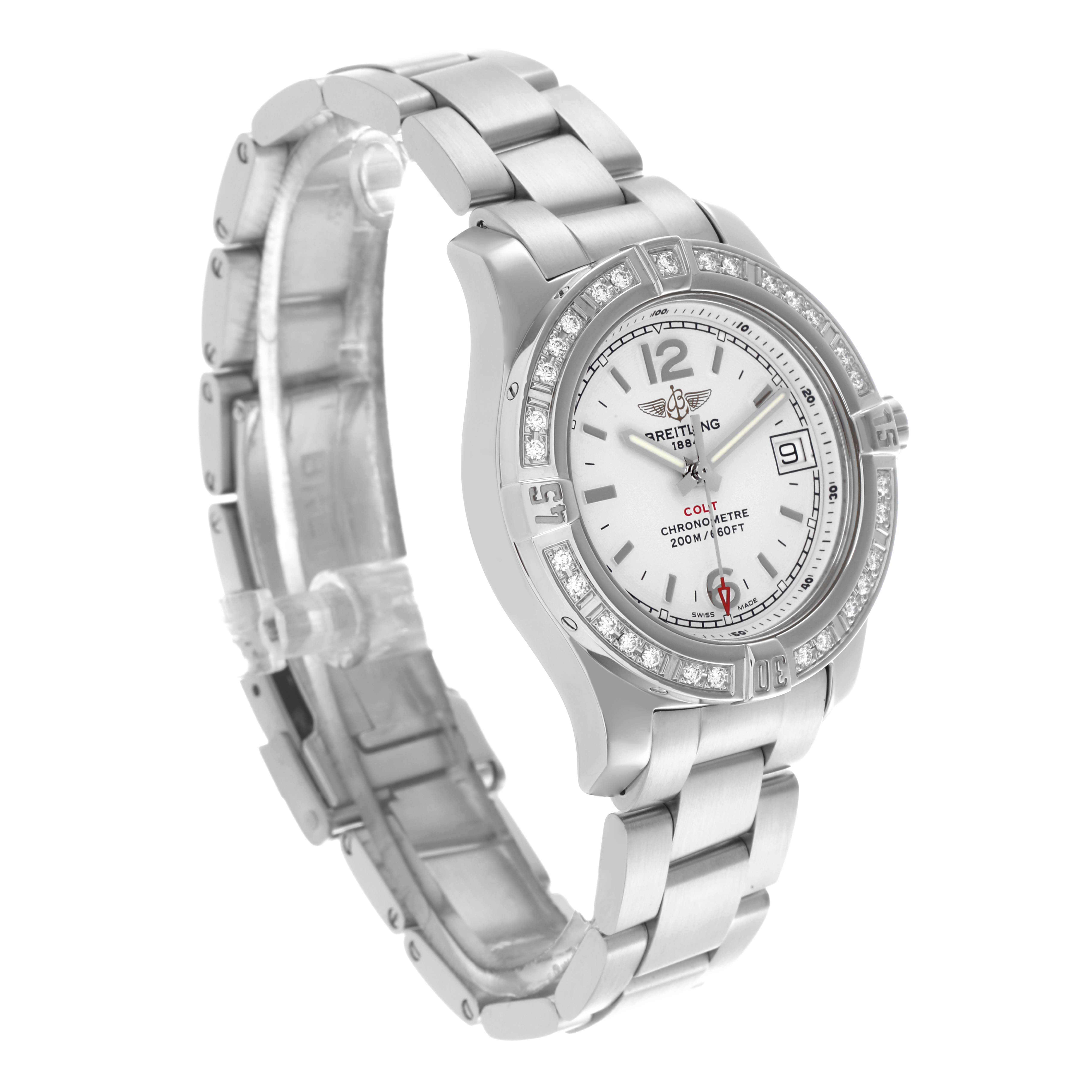 The Breitling A77388 Women's Stainless Steel Silver Dial A77388 Women's Stainless Steel Silver Dial Colt Lady A77388 watch is shown at a three-quarter angle, displaying the diamond bezel, silver dial, and bracelet.