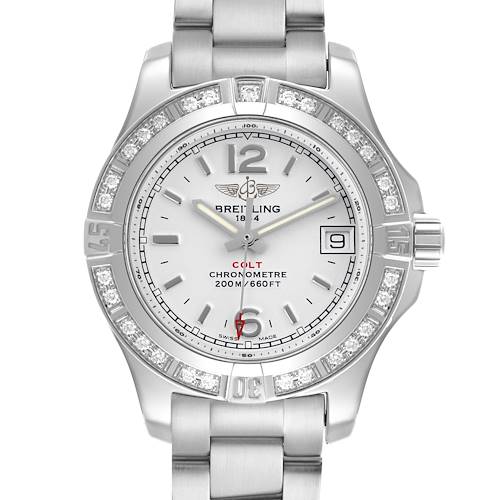 The Breitling A77388 Women's Stainless Steel Silver Dial A77388 Women's Stainless Steel Silver Dial Colt Lady A77388 watch is shown from the front, highlighting its silver dial, diamond bezel, and steel bracelet.