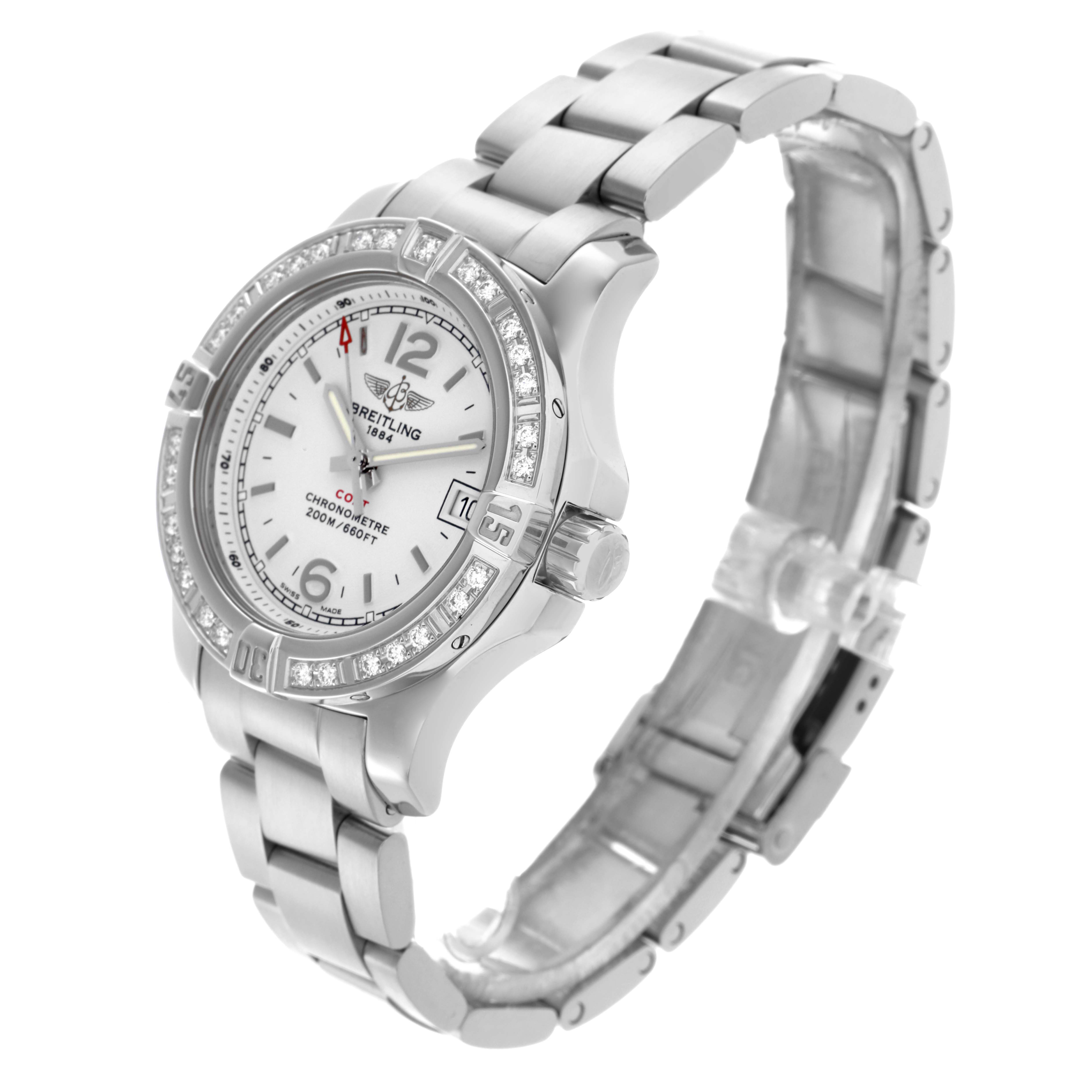 The Breitling A77388 Women's Stainless Steel Silver Dial A77388 Women's Stainless Steel Silver Dial Colt Lady A77388 is shown at a three-quarter angle, highlighting the diamond bezel, silver dial, and steel bracelet.