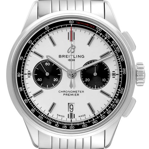 The Breitling Premier AB0118 Men's Stainless Steel Silver Dial AB0118 Men's Stainless Steel Silver Dial watch is shown from a front angle, displaying its dial, subdials, tachymeter, hands, and part of the bracelet.