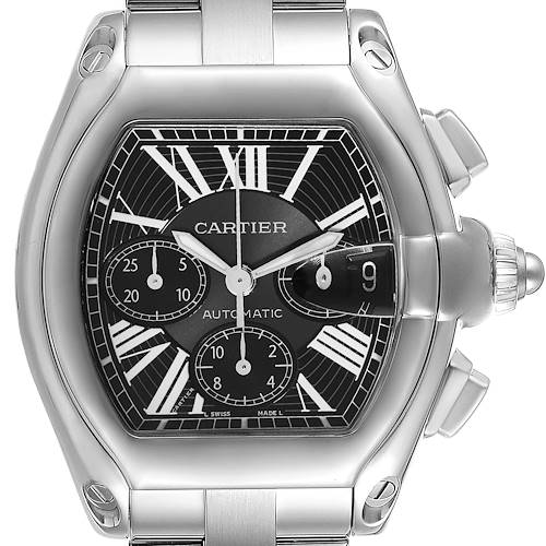The image shows a front view of a Cartier Roadster W62007X6 Men's Stainless Steel Black Dial W62007X6 Men's Stainless Steel Black Dial watch, highlighting the dial, crown, and partial bracelet.