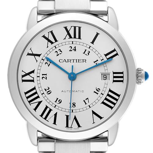 The Cartier Ronde W6701011 Men's Stainless Steel Silver Dial W6701011 Men's Stainless Steel Silver Dial watch is shown from the front, highlighting the face, Roman numerals, and crown with a blue cabochon.