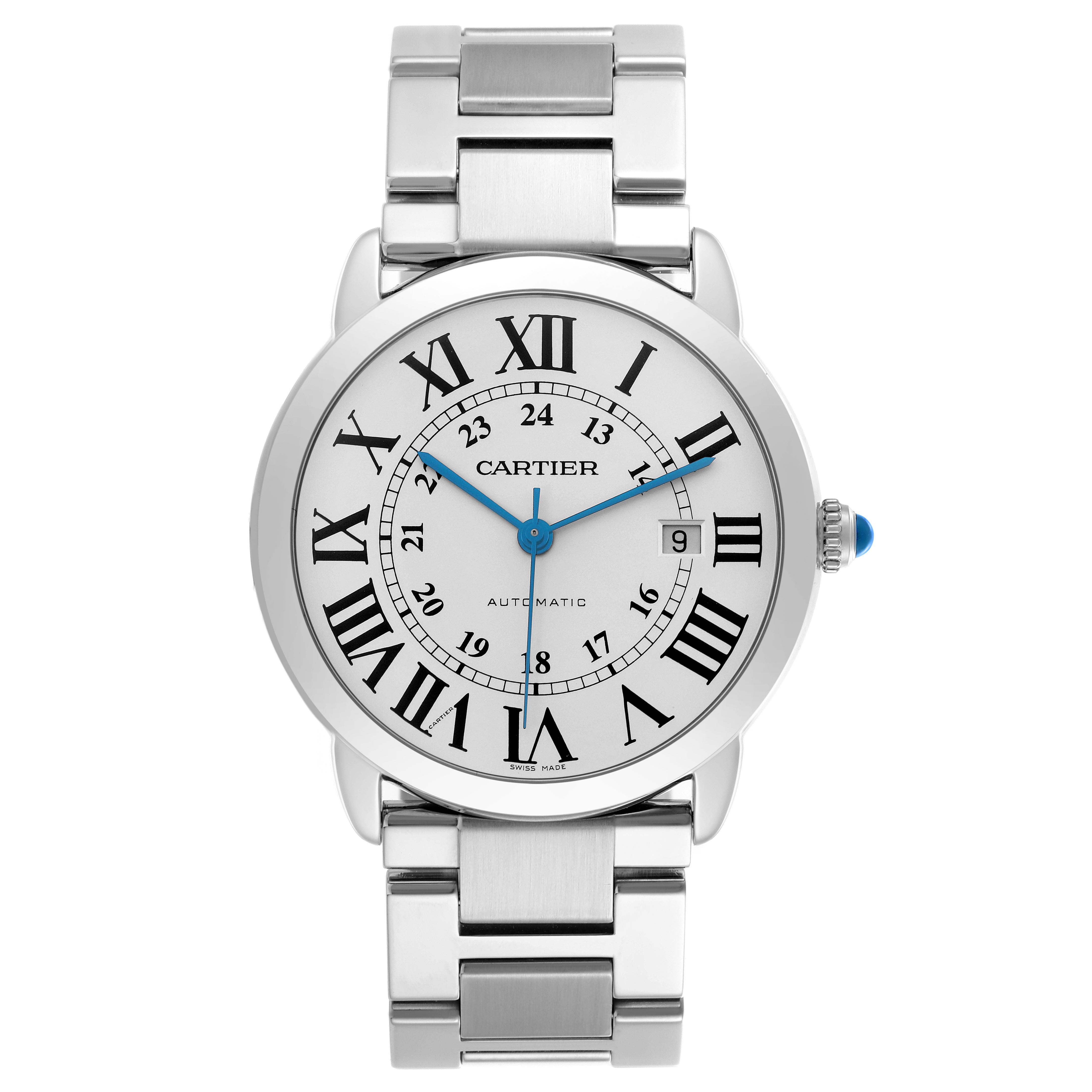 The Cartier Ronde W6701011 Men's Stainless Steel Silver Dial W6701011 Men's Stainless Steel Silver Dial watch is shown from the front, displaying its dial, bracelet, and crown.