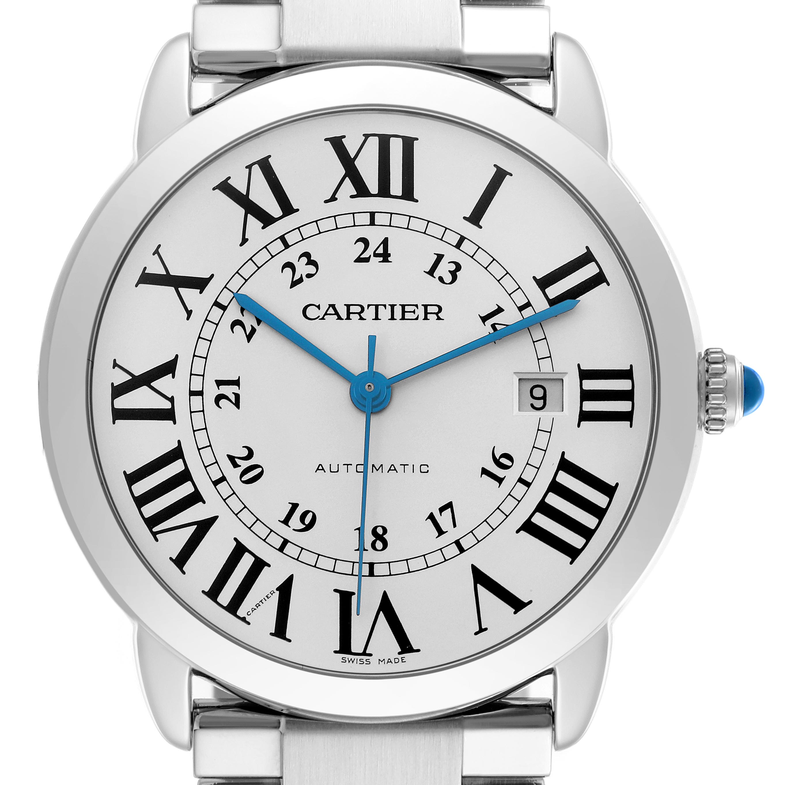 The Cartier Ronde W6701011 Men's Stainless Steel Silver Dial W6701011 Men's Stainless Steel Silver Dial watch is shown from the front, displaying the dial, Roman numerals, blue hands, and crown.