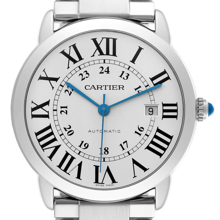 The Cartier Ronde W6701011 Men's Stainless Steel Silver Dial W6701011 Men's Stainless Steel Silver Dial watch is shown from the front, displaying the dial, Roman numerals, blue hands, and crown.