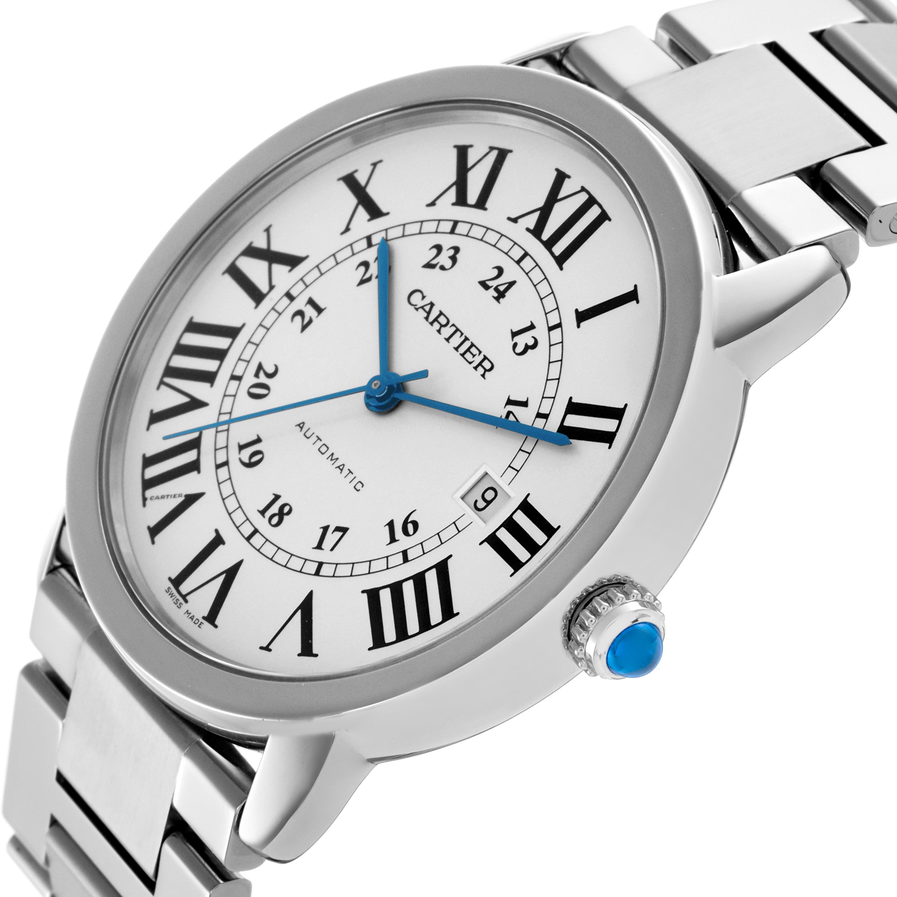 The Cartier Ronde W6701011 Men's Stainless Steel Silver Dial W6701011 Men's Stainless Steel Silver Dial watch is shown at a slight angle, displaying the face, silver bezel, metallic band, and blue-accented crown.