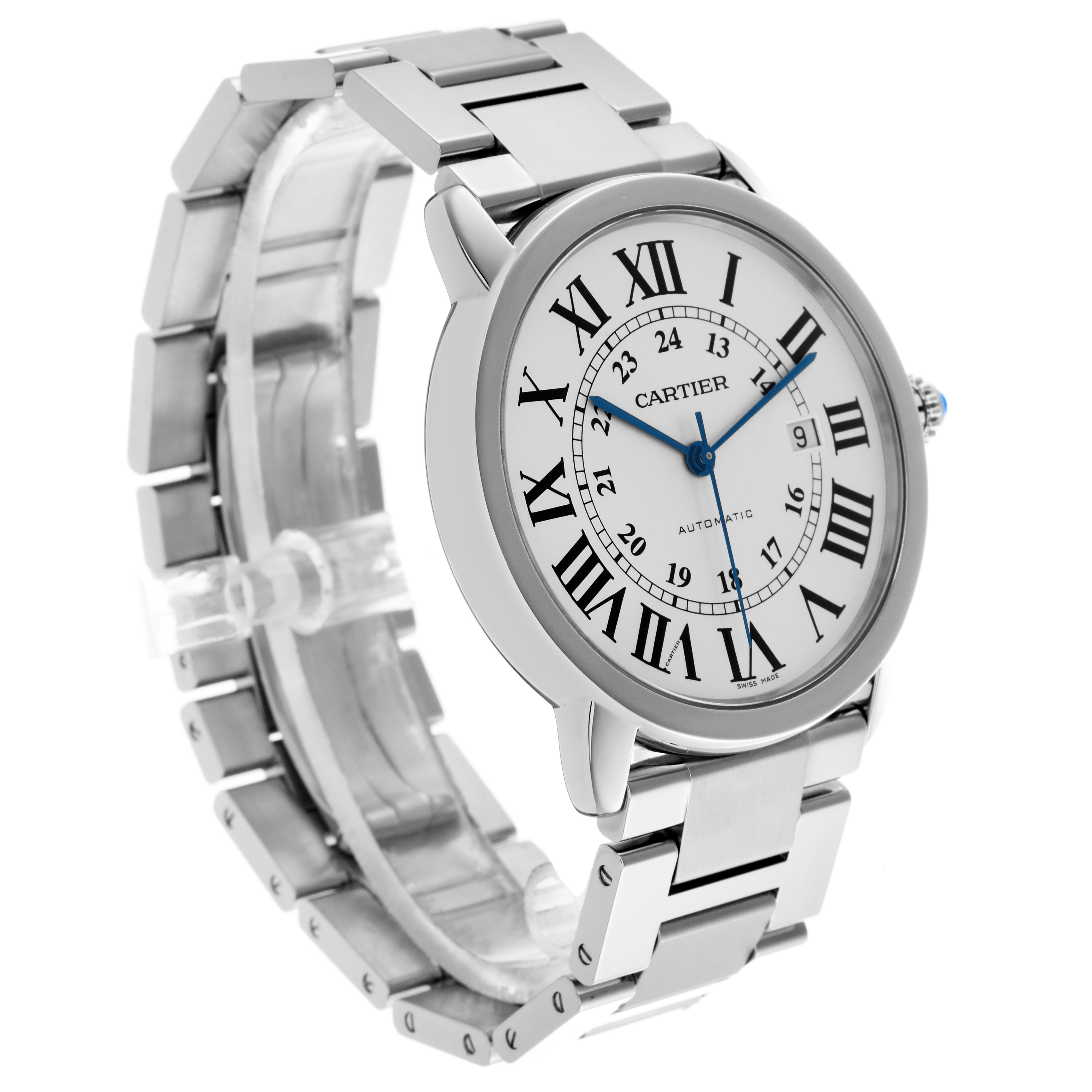 The Cartier Ronde W6701011 Men's Stainless Steel Silver Dial W6701011 Men's Stainless Steel Silver Dial watch is shown at a slight angle, displaying the face, Roman numerals, and metal bracelet.