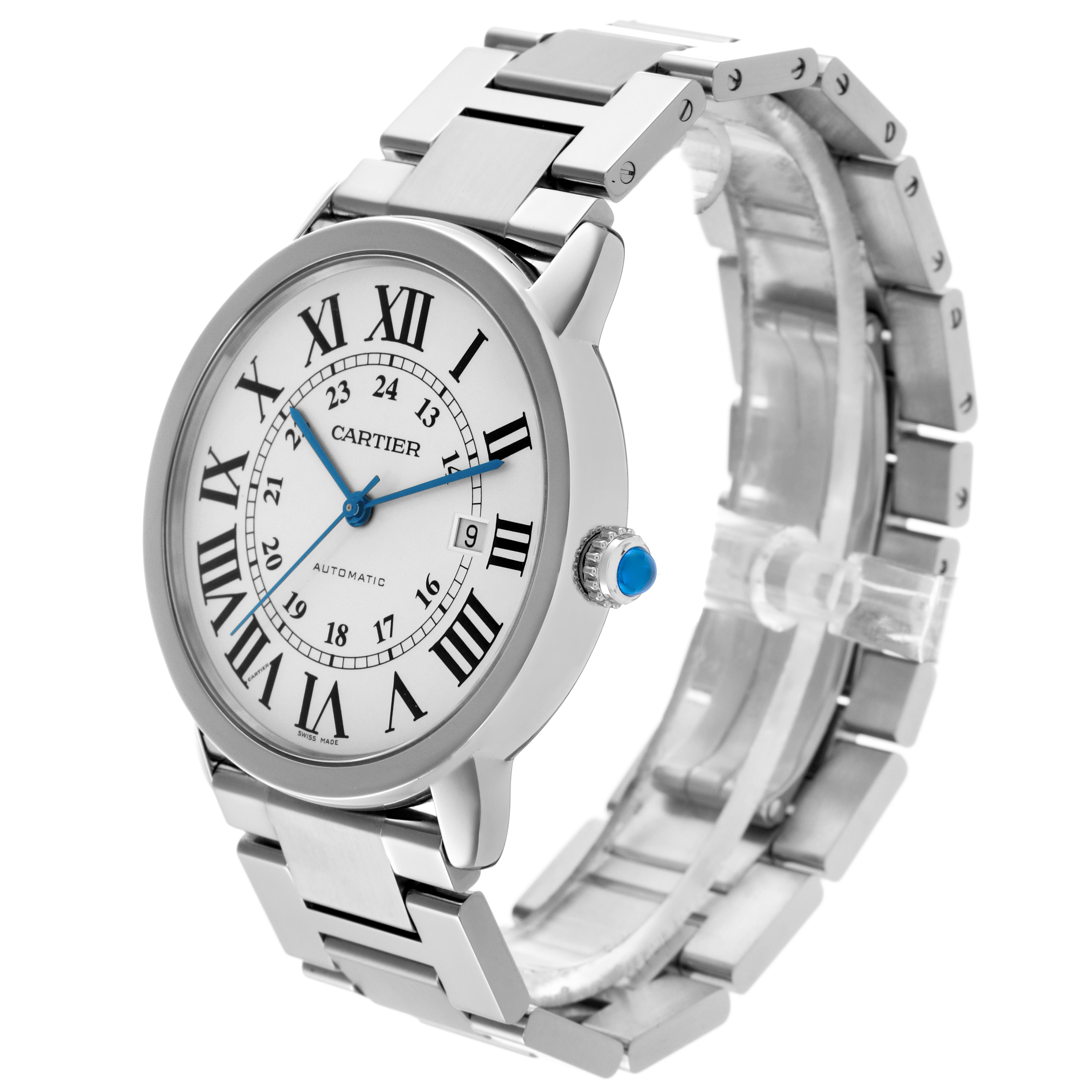 The Cartier Ronde W6701011 Men's Stainless Steel Silver Dial W6701011 Men's Stainless Steel Silver Dial watch is shown at a slight side angle, displaying the bezel, bracelet, crown, and dial with Roman numerals.