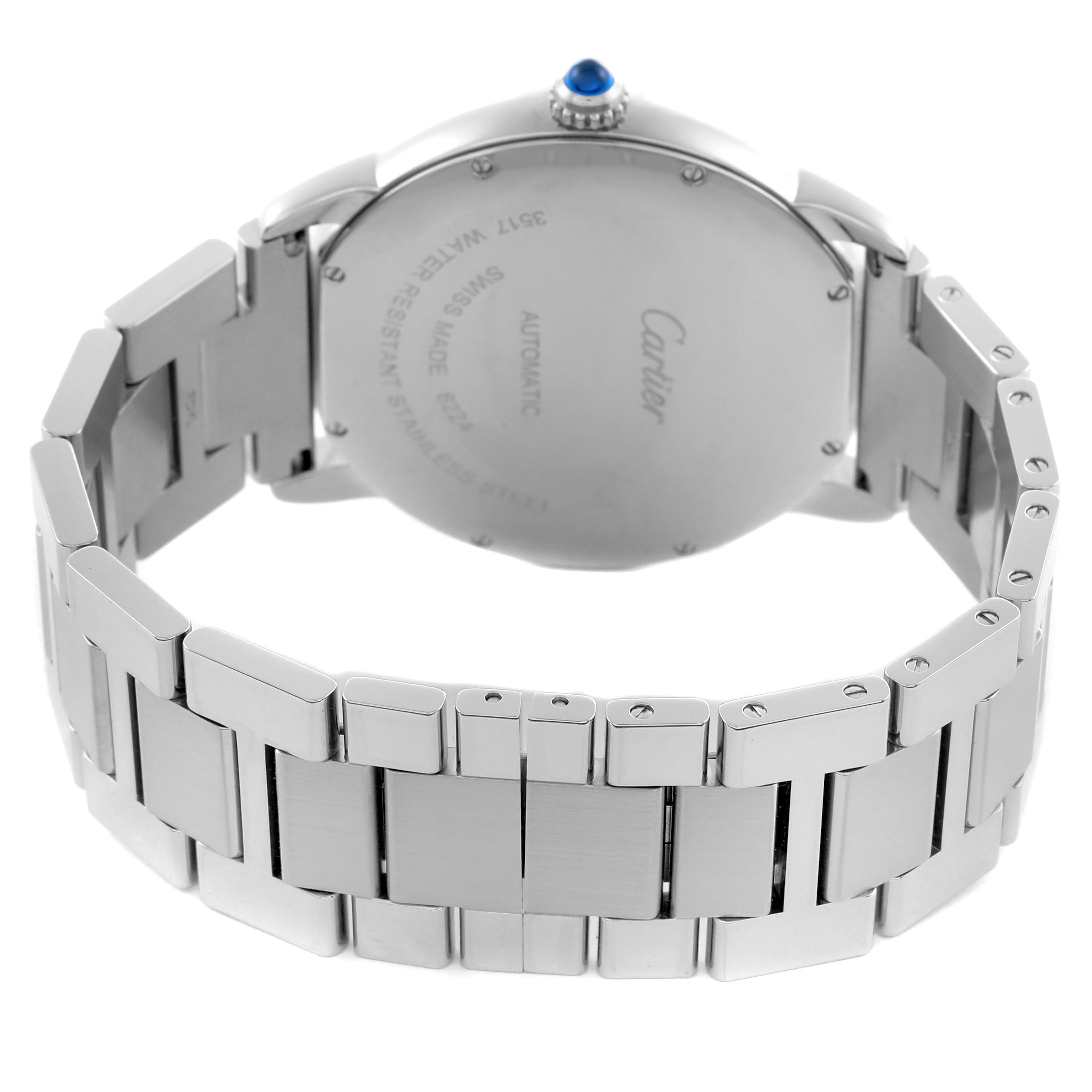 The image shows the back of the Cartier Ronde W6701011 Men's Stainless Steel Silver Dial W6701011 Men's Stainless Steel Silver Dial watch, highlighting the case back and metal bracelet links.