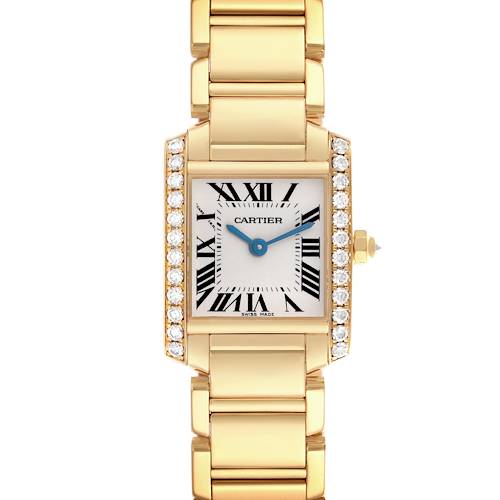 The Cartier Tank Française watch is shown from a top-down angle, featuring its face, bracelet, and diamond-set bezel.