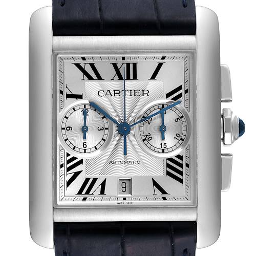 This image shows a front view of the Cartier Tank MC W5330007 Men's Stainless Steel Silver Dial W5330007 Men's Stainless Steel Silver Dial watch, highlighting its dial, Roman numerals, subdials, and date window.
