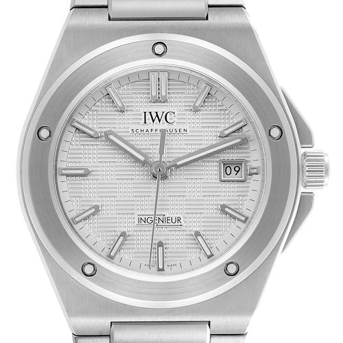 The IWC Ingenieur IW328902 Men's Stainless Steel Silver Dial IW328902 Men's Stainless Steel Silver Dial watch is shown from the front, displaying its dial, hour markers, hands, date window, and crown.