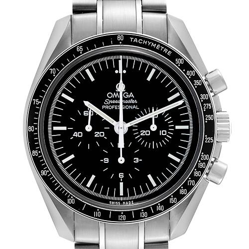 The image shows a front view of an Omega Speedmaster 311.30.42.30.01.005 Men's Stainless Steel Black Dial 311.30.42.30.01.005 Men's Stainless Steel Black Dial watch, highlighting its dial, tachymeter, and chronograph pushers.