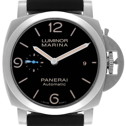 The Panerai Luminor PAM01312 Men's Stainless Steel Black Dial PAM01312 Men's Stainless Steel Black Dial watch is shown from a front angle, highlighting the dial, crown guard, and strap attachments.