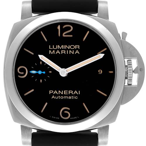 The Panerai Luminor PAM01312 Men's Stainless Steel Black Dial PAM01312 Men's Stainless Steel Black Dial watch is shown from the front, highlighting the dial, crown guard, and strap attachment points.