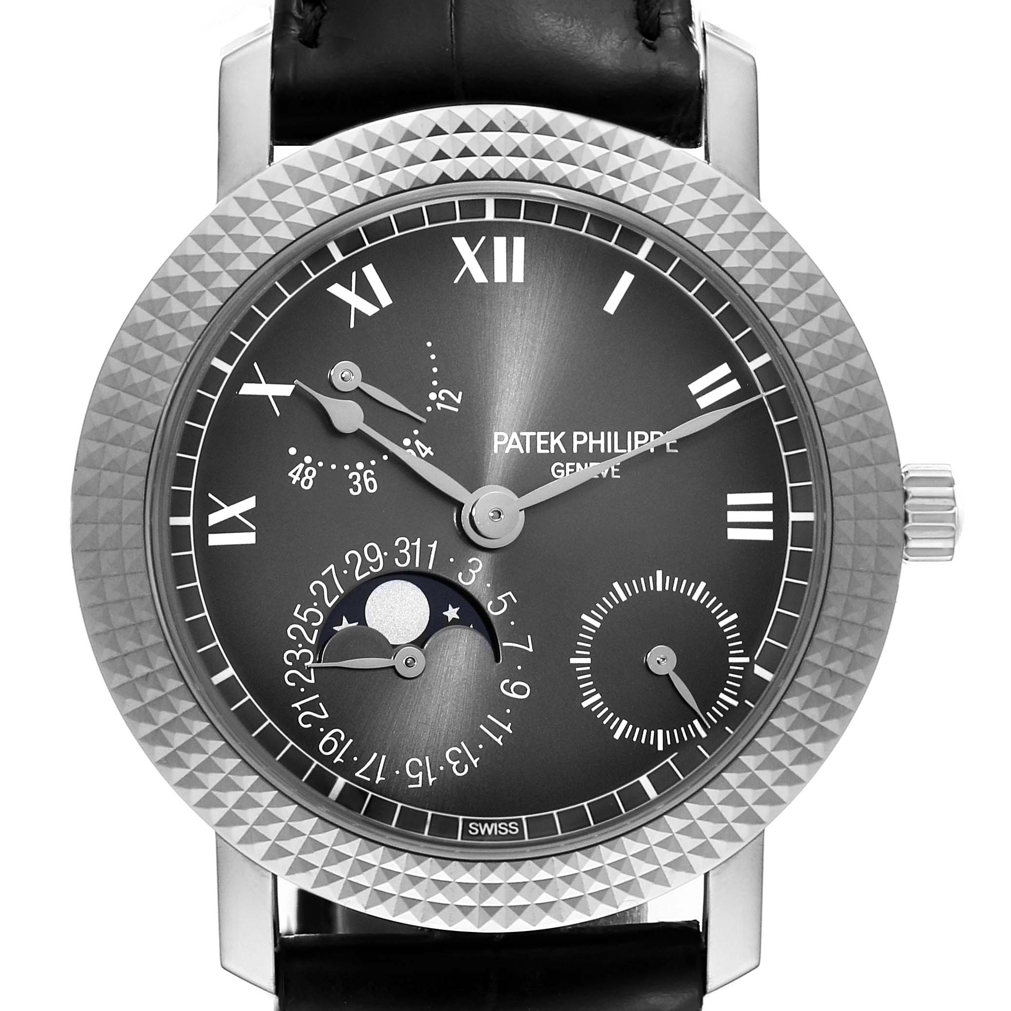The image shows a front view of a Calatrava model watch by Patek Philippe, displaying the dial, hands, and moon phase indicator.