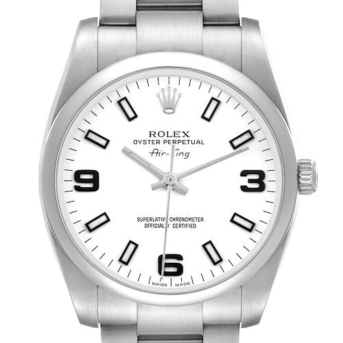 The image shows a front view of the Rolex Air-King 114200 Men's Stainless Steel White Dial 114200 Men's Stainless Steel White Dial watch, highlighting the dial, hands, and bracelet.