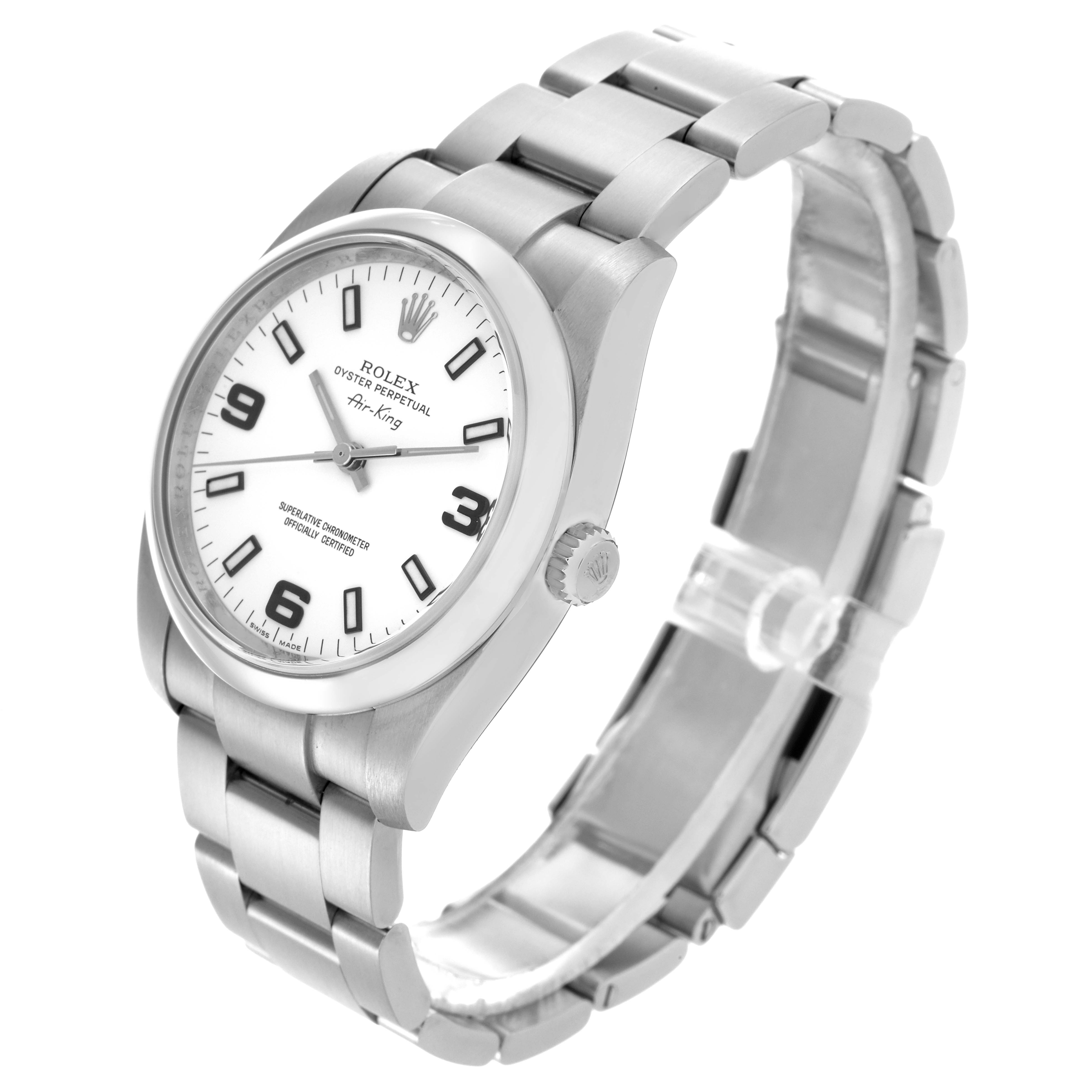 The Rolex Air-King 114200 Men's Stainless Steel White Dial 114200 Men's Stainless Steel White Dial watch is shown at a three-quarter angle highlighting the face, bezel, crown, and metal bracelet.