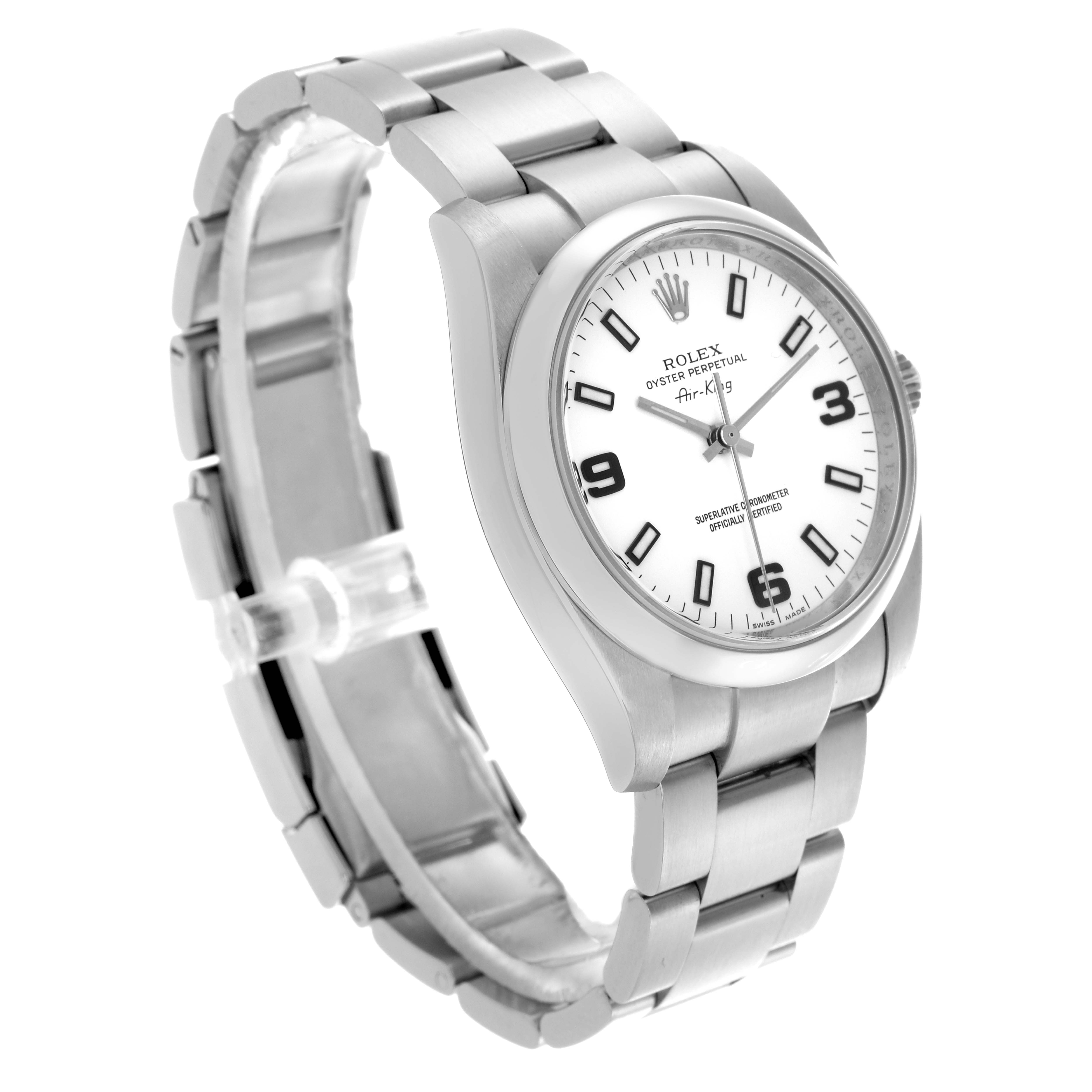 The Rolex Air-King 114200 Men's Stainless Steel White Dial 114200 Men's Stainless Steel White Dial watch is shown at a three-quarter angle, displaying the dial, bezel, and full bracelet.