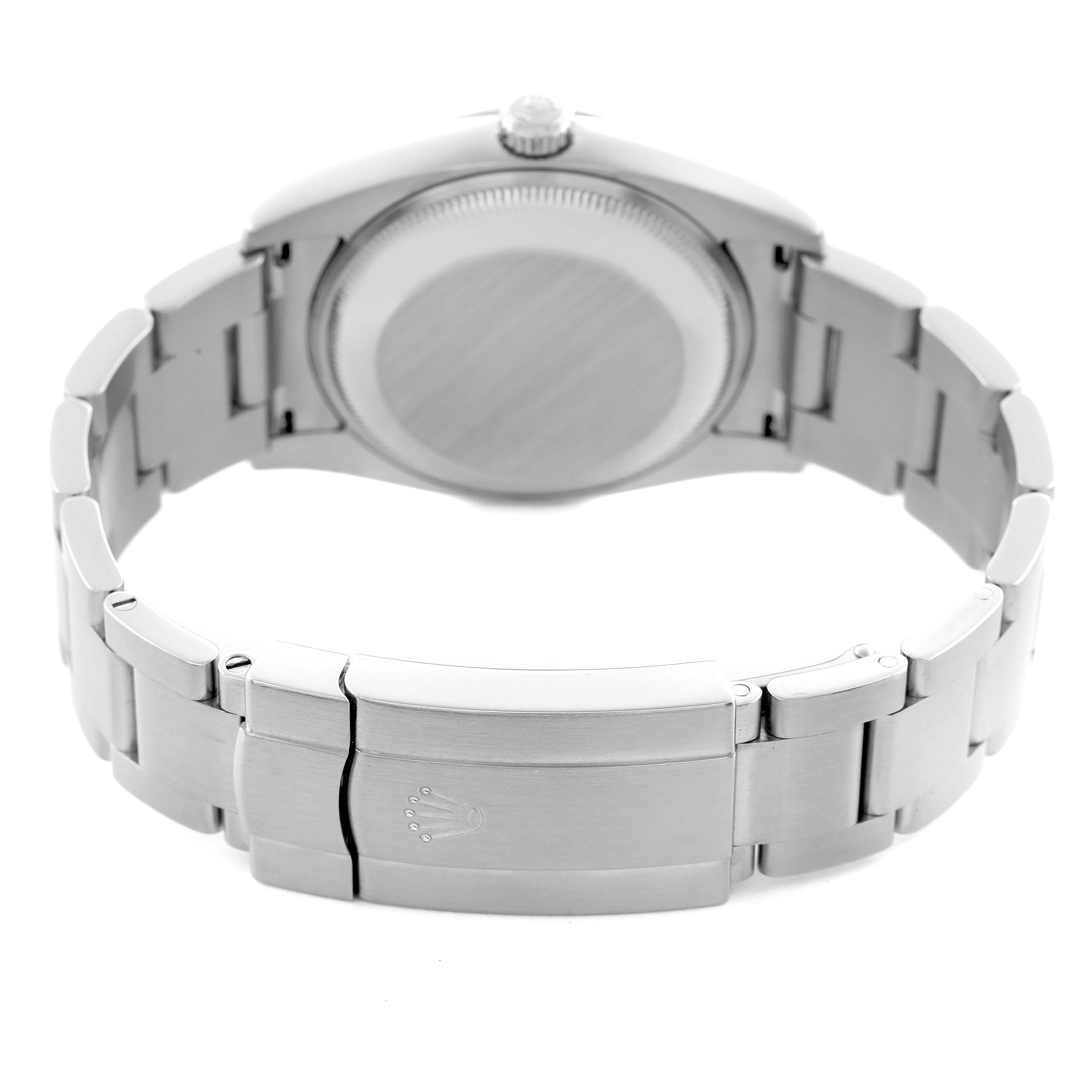 The image shows the back of a Rolex Air-King 114200 Men's Stainless Steel White Dial 114200 Men's Stainless Steel White Dial watch, highlighting the clasp and bracelet links.