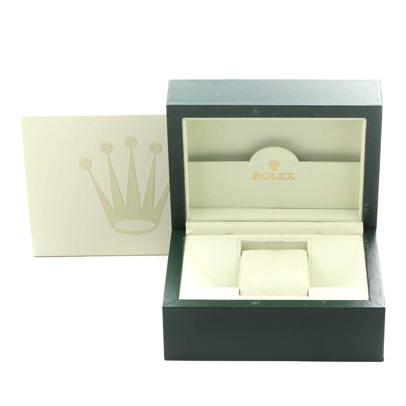 The image shows an open green Rolex Air-King 114200 Men's Stainless Steel White Dial 114200 Men's Stainless Steel White Dial watch box with a crown logo, viewed from the front.