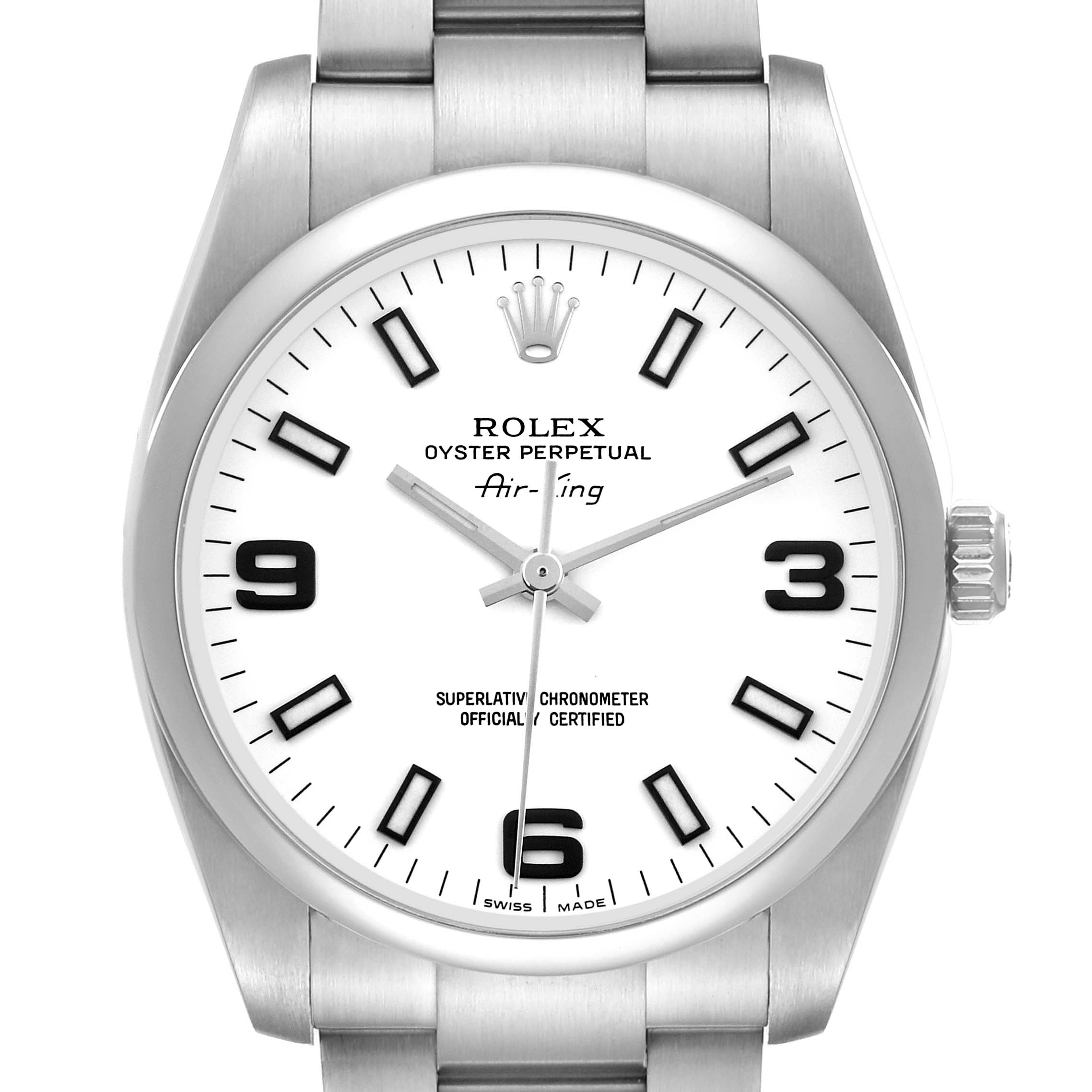 The Rolex Air-King 114200 Men's Stainless Steel White Dial 114200 Men's Stainless Steel White Dial watch is shown from a front angle displaying its face, dial, and part of the bracelet.
