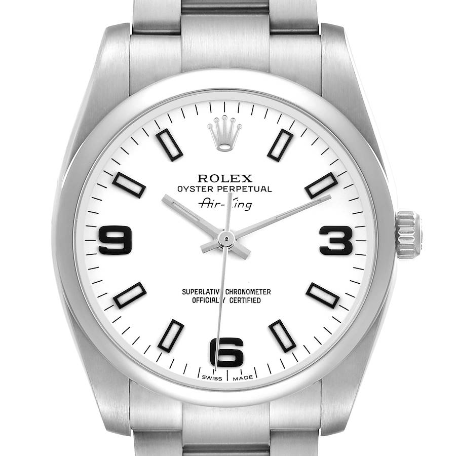 The Rolex Air-King 114200 Men's Stainless Steel White Dial 114200 Men's Stainless Steel White Dial watch is shown from a front angle displaying its face, dial, and part of the bracelet.