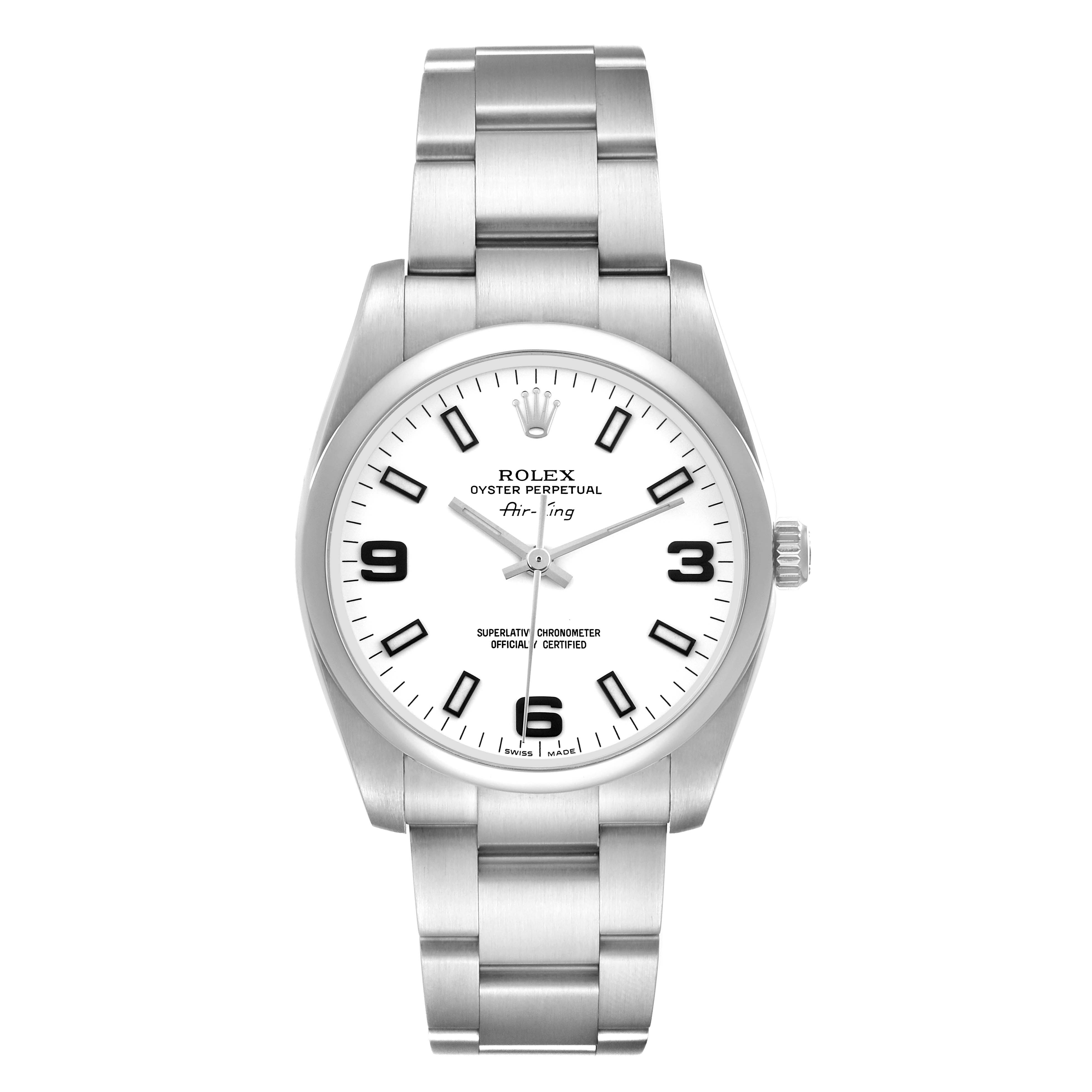 The Rolex Air-King 114200 Men's Stainless Steel White Dial 114200 Men's Stainless Steel White Dial watch is shown from a top-down angle, displaying its face, bezel, crown, and bracelet.