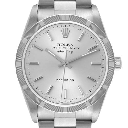 The Rolex Air-King 14010M Men's Stainless Steel Silver Dial 14010M Men's Stainless Steel Silver Dial watch is shown from a front angle, highlighting its dial, bezel, crown, and bracelet.