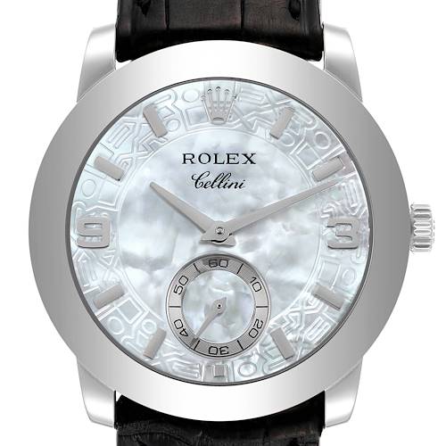 This image shows a front view of the Rolex Cellini 5240 Men's Platinum Mother of Pearl Dial 5240 Men's Platinum Mother of Pearl Dial watch, highlighting its face, hands, crown, and part of the strap.