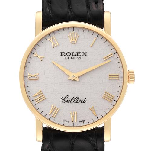 This image shows a front view of the Rolex Cellini 5115/8 Men's Yellow Gold Beige Dial 5115/8 Men's Yellow Gold Beige Dial watch, featuring its face, dial, hands, and a portion of the strap.