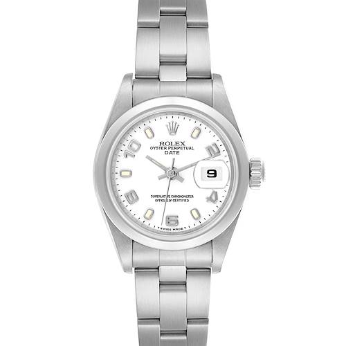 The Rolex Date 69160 Women's Stainless Steel White Dial 69160 Women's Stainless Steel White Dial watch is shown from a top-down angle, displaying the dial, hands, bracelet, and crown.