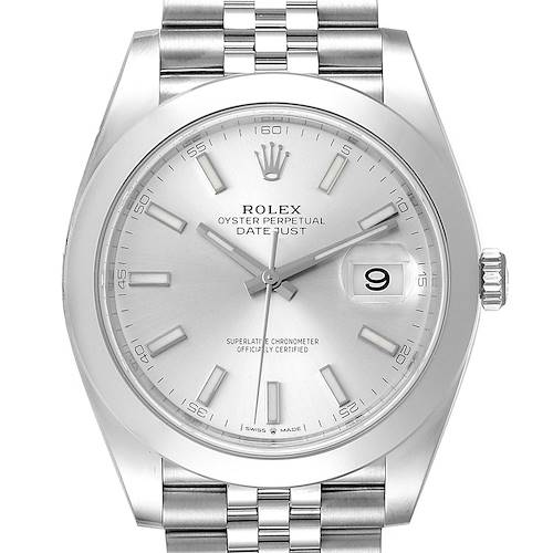 The image shows a front view of the Rolex Datejust 41 126300 Men's Stainless Steel Silver Dial 126300 Men's Stainless Steel Silver Dial watch, showcasing its dial, bezel, crystal, and bracelet.