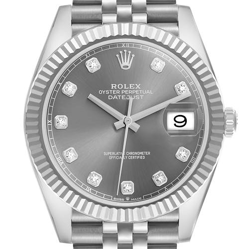The Rolex Datejust 41 126334 Men's Stainless Steel Grey Dial 126334 Men's Stainless Steel Grey Dial watch is shown from a front angle, featuring the dial, bezel, and part of the bracelet.