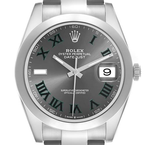 The Rolex Datejust 41 126300 Men's Stainless Steel Grey Dial 126300 Men's Stainless Steel Grey Dial is shown from a front view, highlighting the dial, hands, crown, and date window.