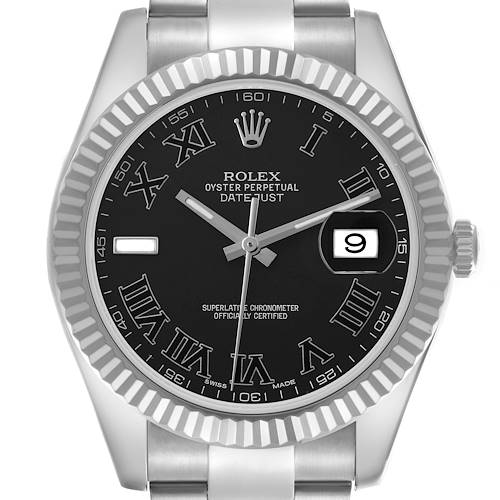 The Rolex Datejust 41 116334 Men's Stainless Steel Grey Dial 116334 Men's Stainless Steel Grey Dial is shown from a front angle, highlighting the black dial, Roman numerals, bezel, and Cyclops date lens.