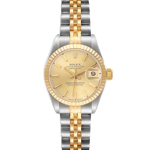 The Rolex Datejust 69173 Women's Steel and Gold (two tone) Champagne Dial 69173 Women's Steel and Gold (two tone) Champagne Dial watch is shown from a front angle, highlighting its gold dial, date window, and two-tone bracelet.