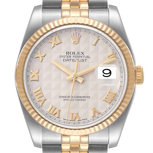 The image shows a close-up front view of a Rolex Datejust 116233 Men's Steel and Gold (two tone) Beige Dial 116233 Men's Steel and Gold (two tone) Beige Dial watch, highlighting its dial, hands, date window, and part of its two-tone bracelet.