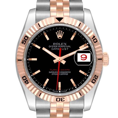 The image shows a Rolex Turn-o-Graph 116261 Men's Steel and Gold (two tone) Black Dial 116261 Men's Steel and Gold (two tone) Black Dial watch from the front, highlighting its bezel, dial, hands, and date window.