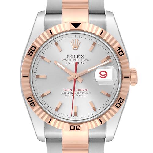 This image shows a front view of the Rolex Turn-o-Graph 116261 Men's Steel and Gold (two tone) Silver Dial 116261 Men's Steel and Gold (two tone) Silver Dial watch displaying its dial, hands, bezel, and part of the strap.