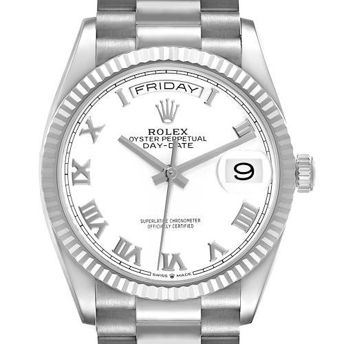The image shows the face and bezel of a Rolex President 128239 Men's White Gold White Dial 128239 Men's White Gold White Dial Oyster Perpetual Day-Date watch, displaying the day and date.