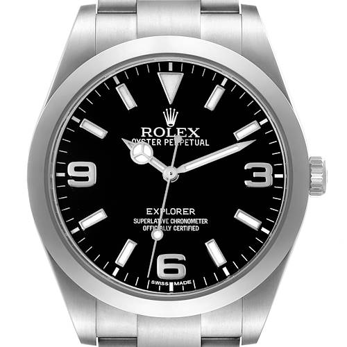 The Rolex Explorer 214270 Men's Stainless Steel Black Dial 214270 Men's Stainless Steel Black Dial watch is shown from the front, highlighting its dial, markers, hands, crown, and part of the bracelet.
