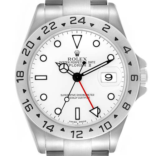 The Rolex Explorer 16570 Men's Stainless Steel White Dial 16570 Men's Stainless Steel White Dial watch is shown from the front, highlighting the dial, bezel, crown, and bracelet.