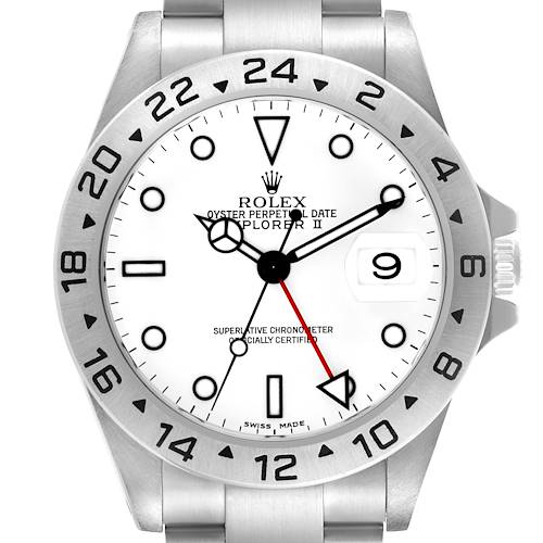 The Rolex Explorer 16570 Men's Stainless Steel White Dial 16570 Men's Stainless Steel White Dial model shows a front view with a white dial, black markers, silver bezel, and date window at 3 o'clock.