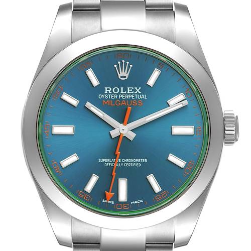 The Rolex Milgauss 116400GV Men's Stainless Steel Blue Dial 116400GV Men's Stainless Steel Blue Dial watch is shown from a front angle, highlighting its blue dial, screw-down crown, and stainless steel bracelet.