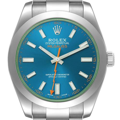 The image shows a frontal view of the Rolex Milgauss 116400GV Men's Stainless Steel Blue Dial 116400GV Men's Stainless Steel Blue Dial watch, highlighting its blue dial, orange lightning bolt second hand, and stainless steel case.