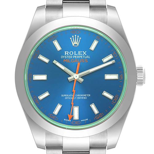 The image shows a front view of a Rolex Milgauss 116400GV Men's Stainless Steel Blue Dial 116400GV Men's Stainless Steel Blue Dial watch, highlighting its blue dial, green sapphire crystal, and stainless steel bracelet.