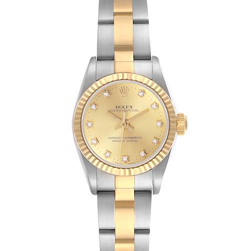 The Rolex Oyster Perpetual 67193 Women's Steel and Gold (two tone) Champagne Dial 67193 Women's Steel and Gold (two tone) Champagne Dial watch is shown from a top view, displaying its gold dial, bezel, and a two-tone bracelet.