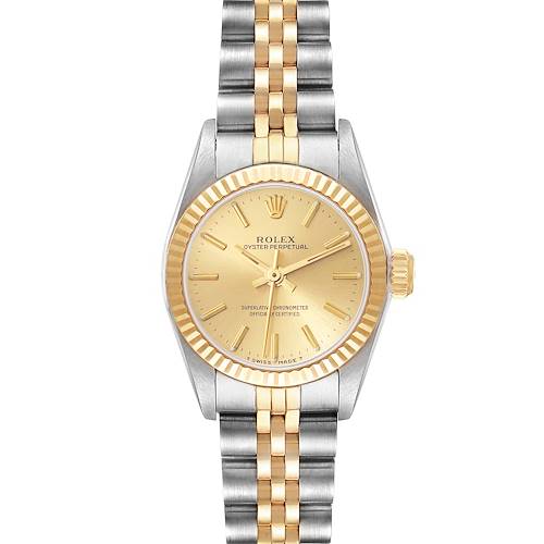 The Rolex Oyster Perpetual 67193 Women's Steel and Gold (two tone) Champagne Dial 67193 Women's Steel and Gold (two tone) Champagne Dial watch is shown front-facing, highlighting its dial, bezel, crown, and two-tone bracelet.